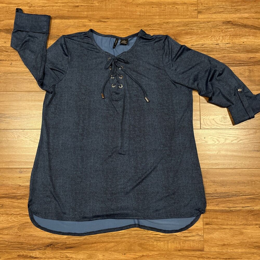 New Directions Women's Blue Lace Up Front Tunic Top Size XL 3/4 Sleeve